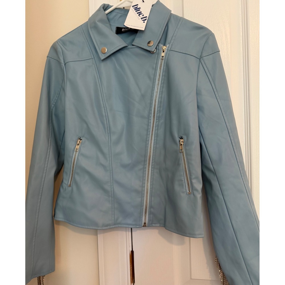 Blue B Collection Rhinestone Fringe Faux Leather Moto Jacket Light Blue Small